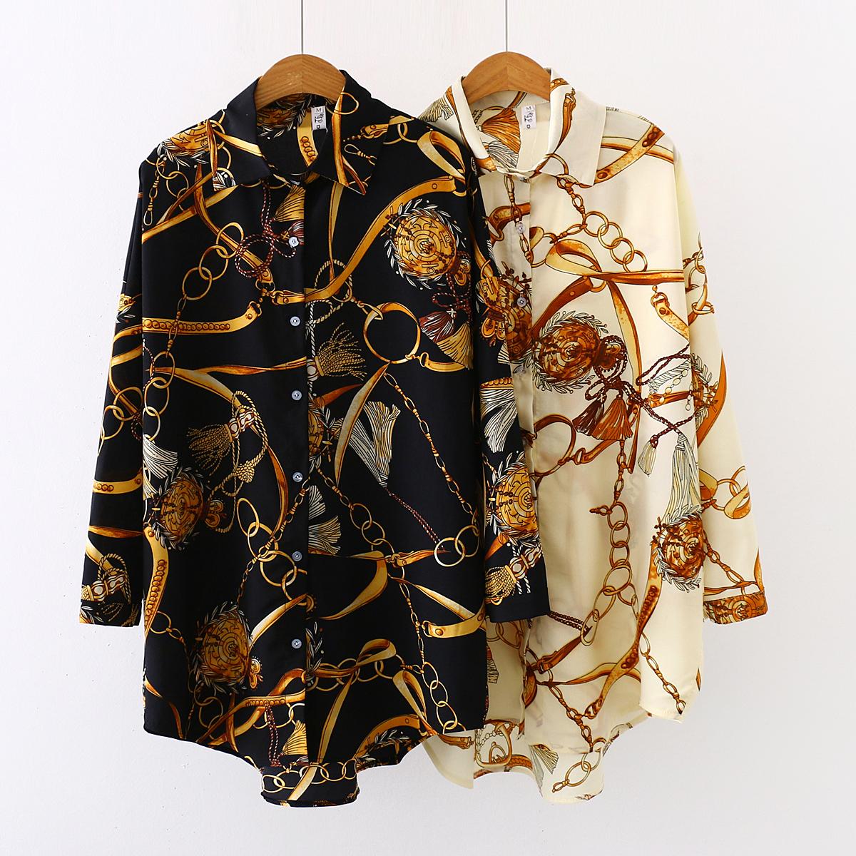  chained casual oversize Women Blouses  Spring chiffon Blouse 3/4 sleeve Loose Casual Tops Shirts Blusas Mujer