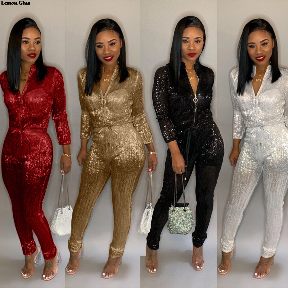 Lemon Gina women gold silk zipper up high waist pencil long jumpsuit casual romper playsuits 4 colors S-3XL plus size B9140
