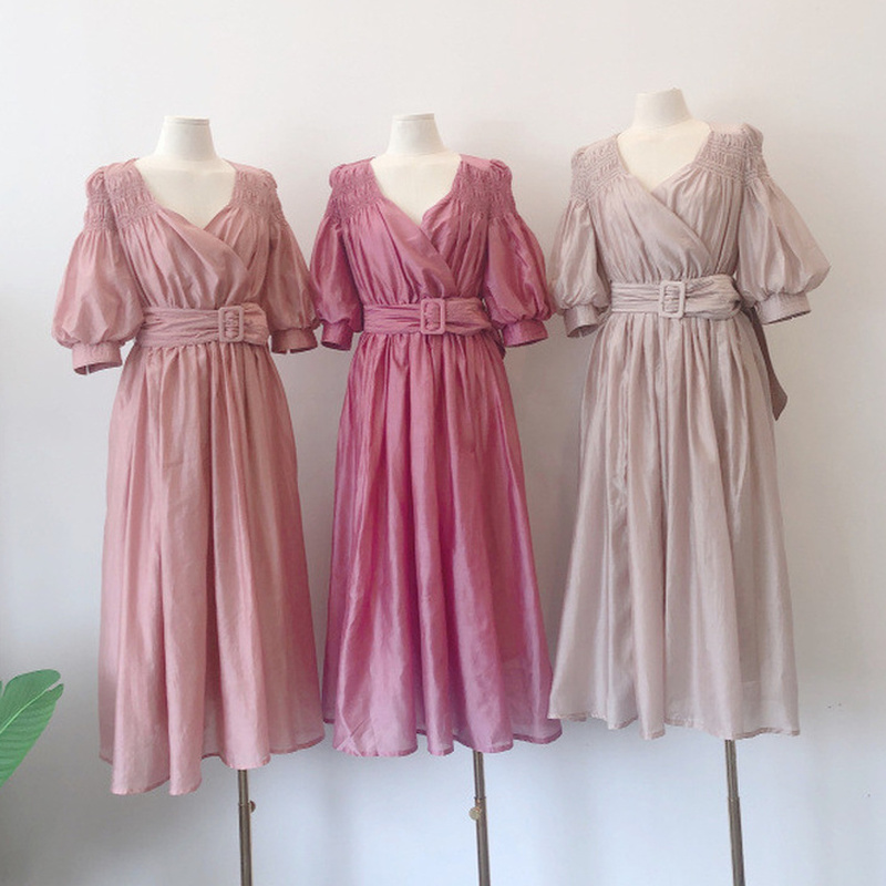 Kuzuwata V Neck Elastic Shoulder Lantern Sleeve Femme Robe Summer Vestidos Cross Slim Waist Pleated Solid Dresses with Belt