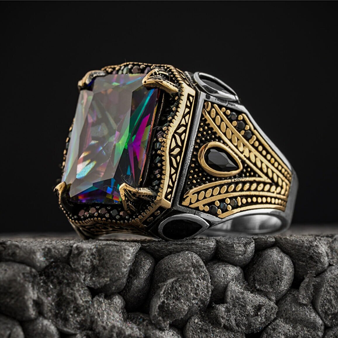 Retro Handmade Turkish Signet Rings For Men Ancient Silver Color Carved Eagle Ring Mystic Zircon Inlay Punk Motor Biker Ring