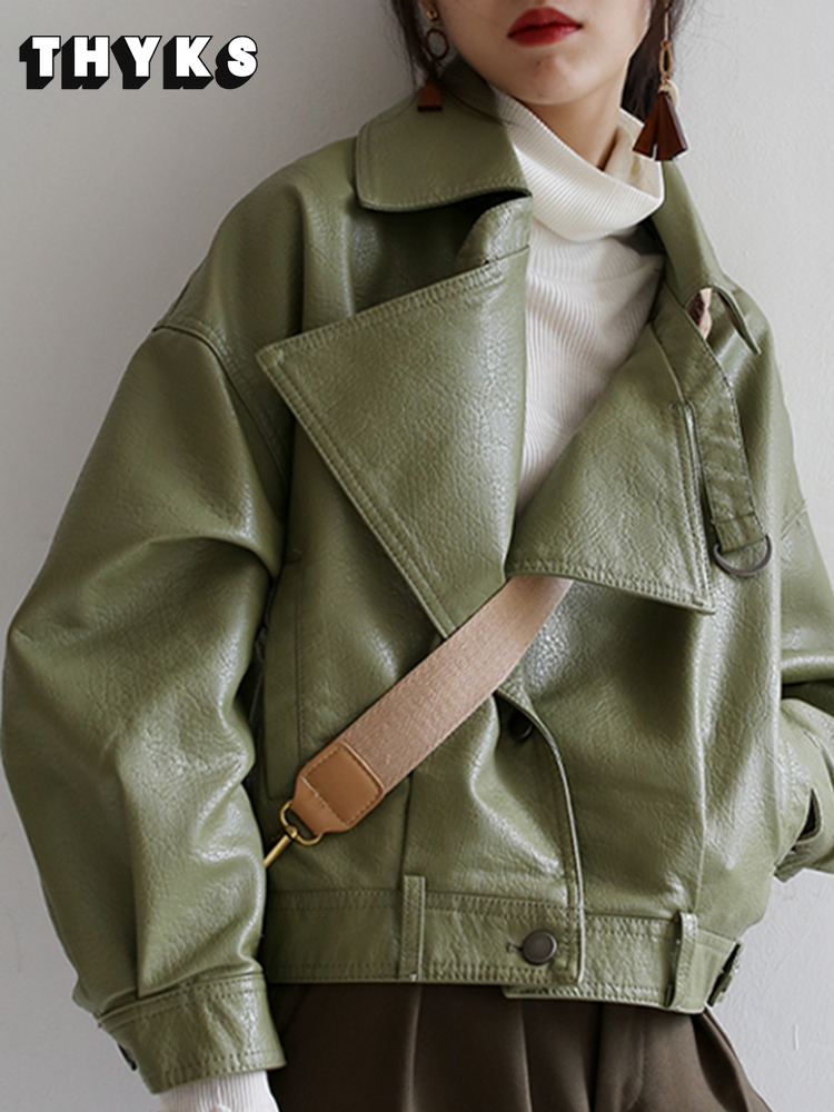 Fall  Green Soft Faux Leather Jacket Ladies Pocket Loose Biker Cropped Jacket High  Designer Clothing 