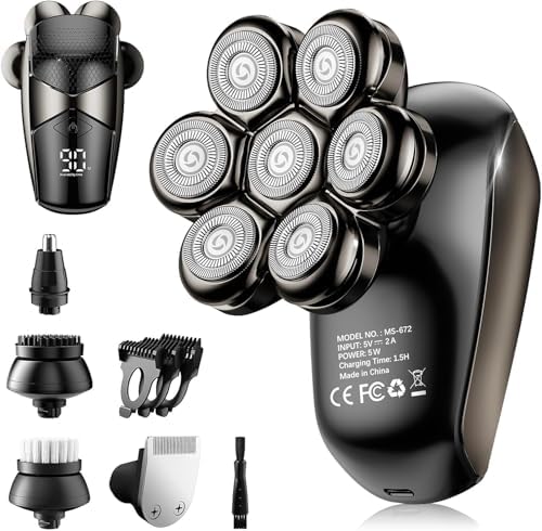 Detachable Head Shavers, SHPAVVER 5 in 1 Electric Razor IPX7 Waterproof for Bald Men, Wet Dry LED Display Rechargeable 7D Rotary Shaver Grooming Kit with Type C Charge A