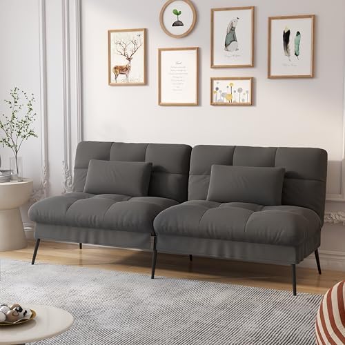COMHOMA Convertible Sofa Bed, 68″Fabric Couch with Adjustable Backrest, Loveseat Recliner Sleeper Living Room Furniture futon Set, Black