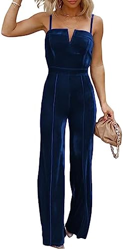 BLENCOT Sleeveless Velvet Jumpsuits For Women V Neck Spaghetti Straps Wide Leg Long Pants Dressy Rompers Winter Overalls S-XL
