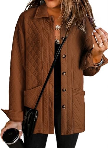 Dokotoo Casual Quilted Jackets for Women Button Down Collared Long Sleeve Shirts Fall Outfits Winter Coats with Pockets 2024